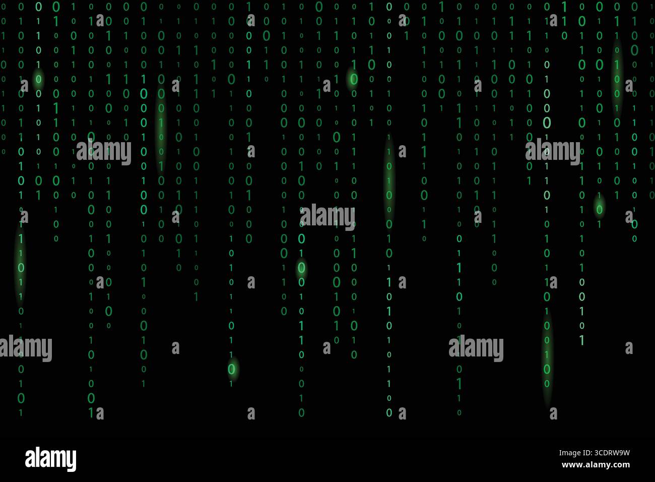 Blue digital binary code streams falling on black background ...