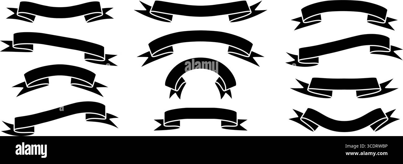 Black ribbon banner set. Vintage wavy label tag element collection for ...