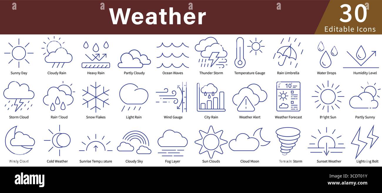 Weather Icon Set in Line Style with Editable Vector for Climate, Forecast, Meteorology, and Atmospheric Conditions Stock Vector