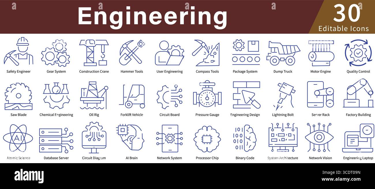 Engineering Icon Set in Line Style with Editable Vector for Technical Design, Construction, Manufacturing, and Industrial Systems Stock Vector