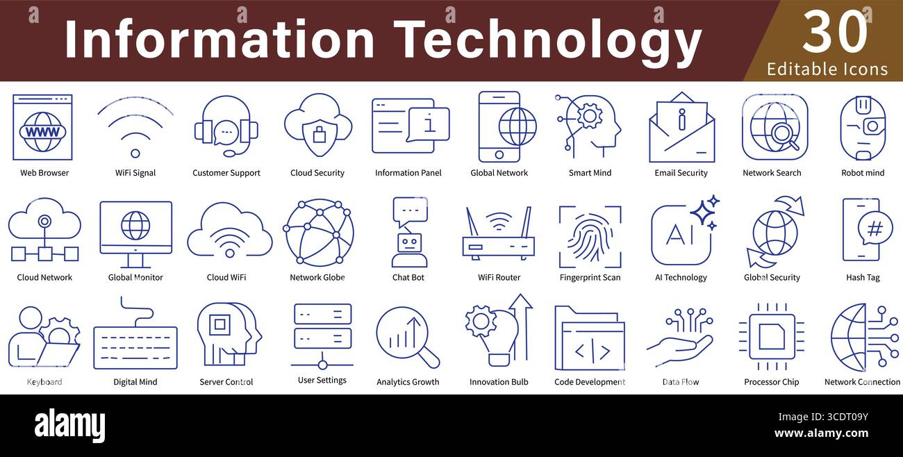 Information Technology Icon Set in Line Style with Editable Vector for IT, Computing, Data, and Digital Systems Stock Vector