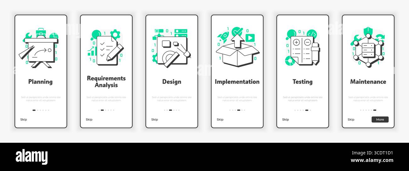 Software development stages mobile onboarding screen Stock Vector