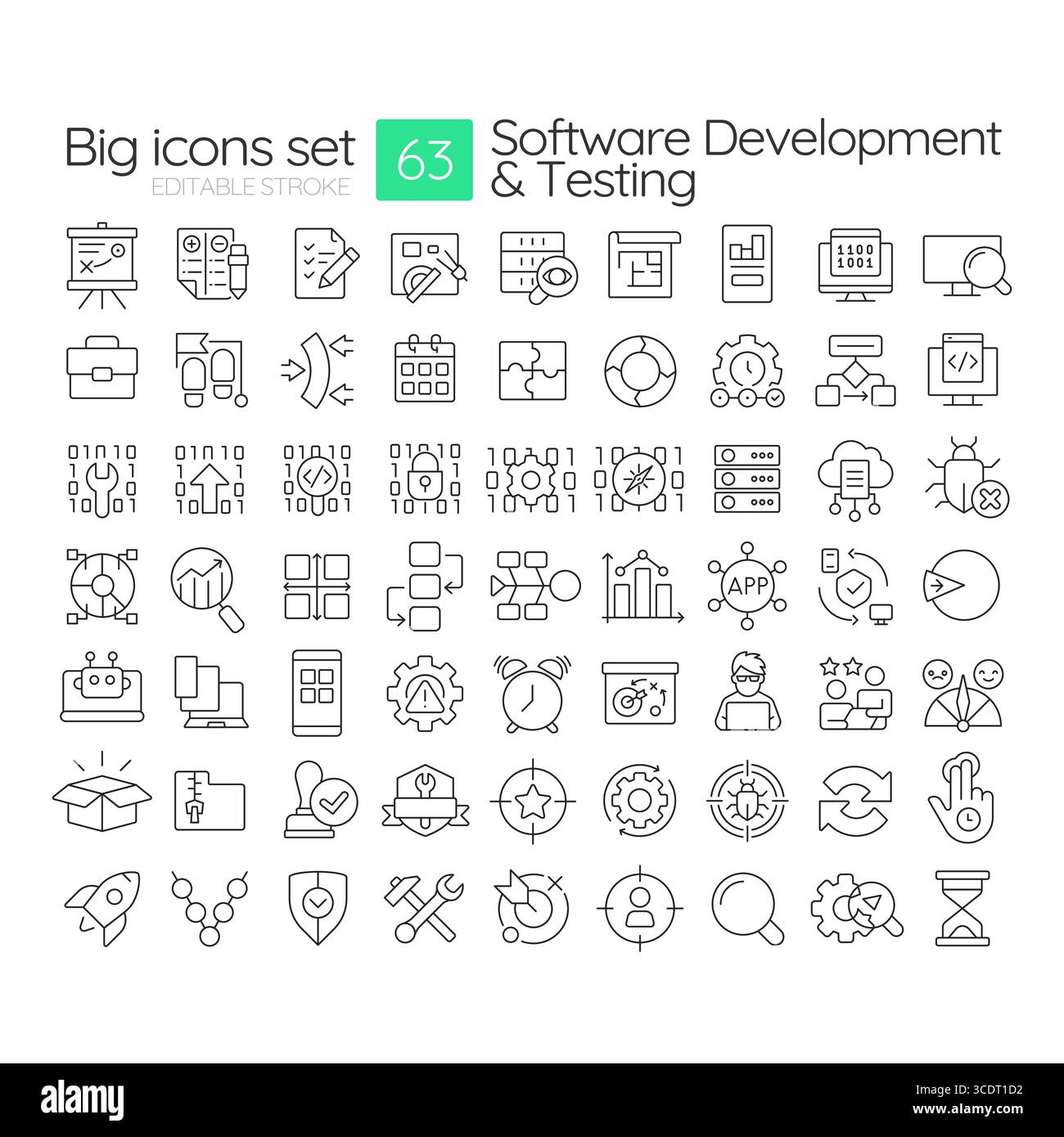 Software development and testing line icons set Stock Vector