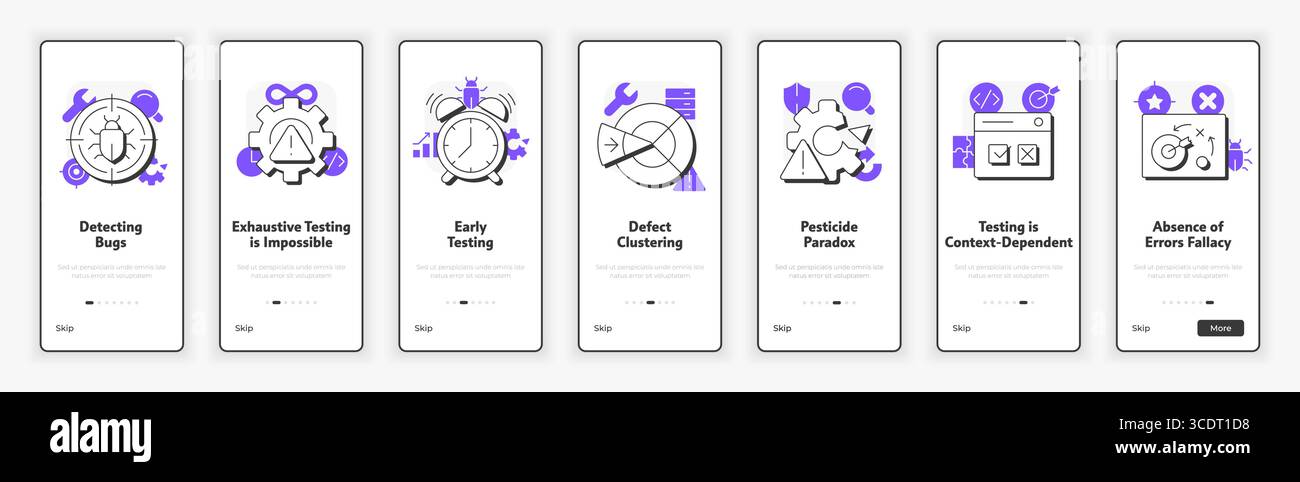 Software testing principles mobile onboarding screen Stock Vector