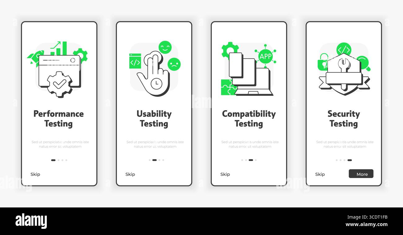 Non-functional testing types mobile onboarding screen Stock Vector