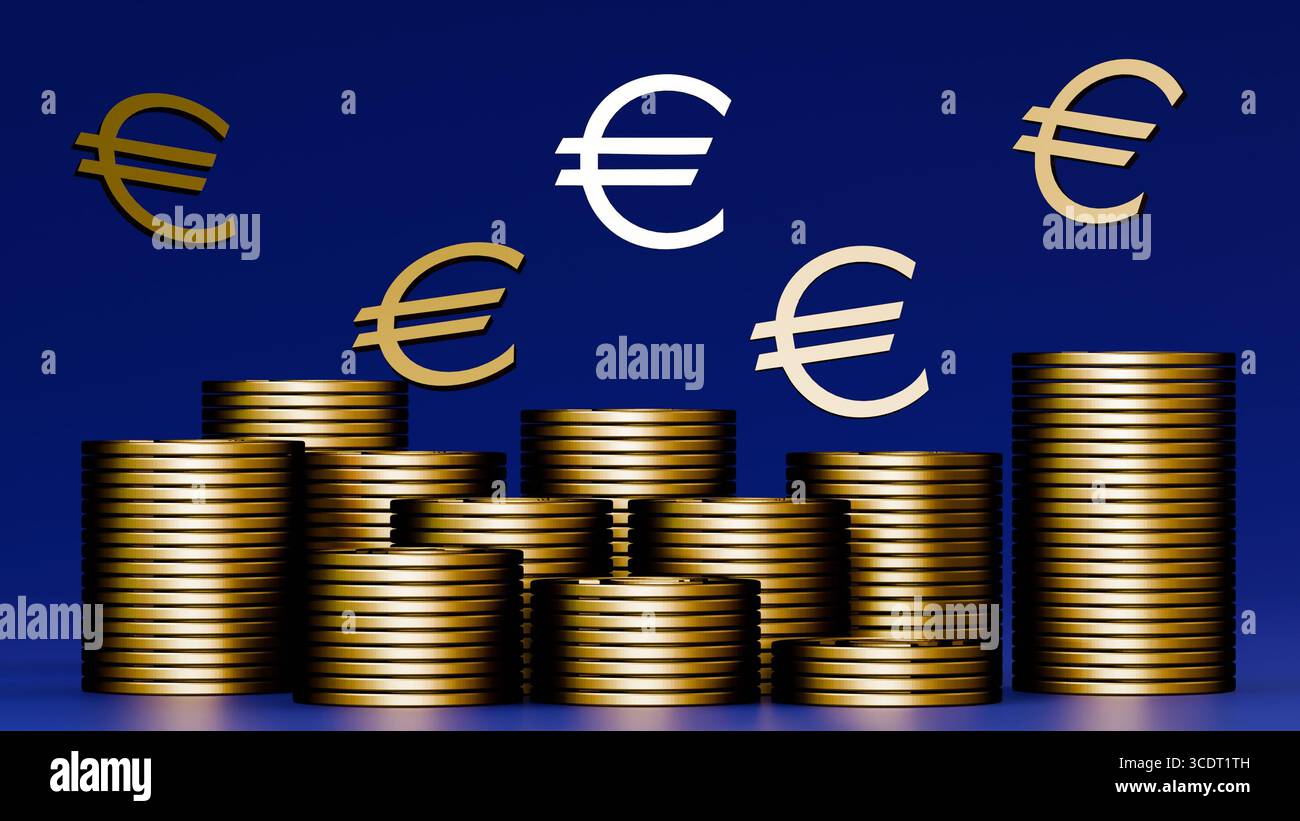 A 3d rendering of Euro symbol and numerous stacks of golden coins. The ...