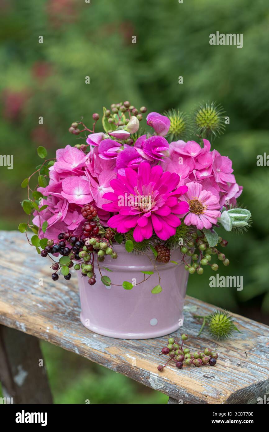 flower arrangement of pink zinnias, hydrangea blossoms, elder berries, thistles and blackberries in a pot Stock Photo