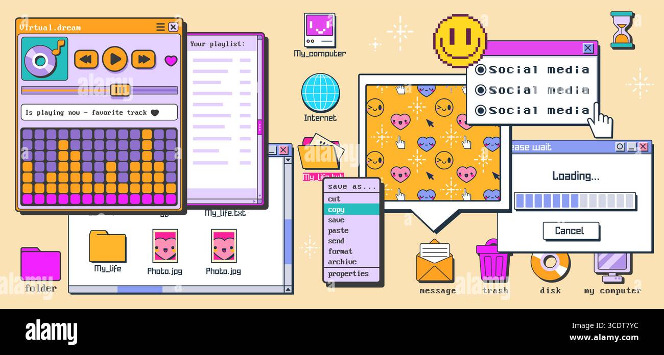 Retro internet interface with y2k music player, chat windows and nostalgic desktop elements for vintage web design. Pixel art smile emoticon, folders and loading bar. Old school computer aesthetic Stock Vector