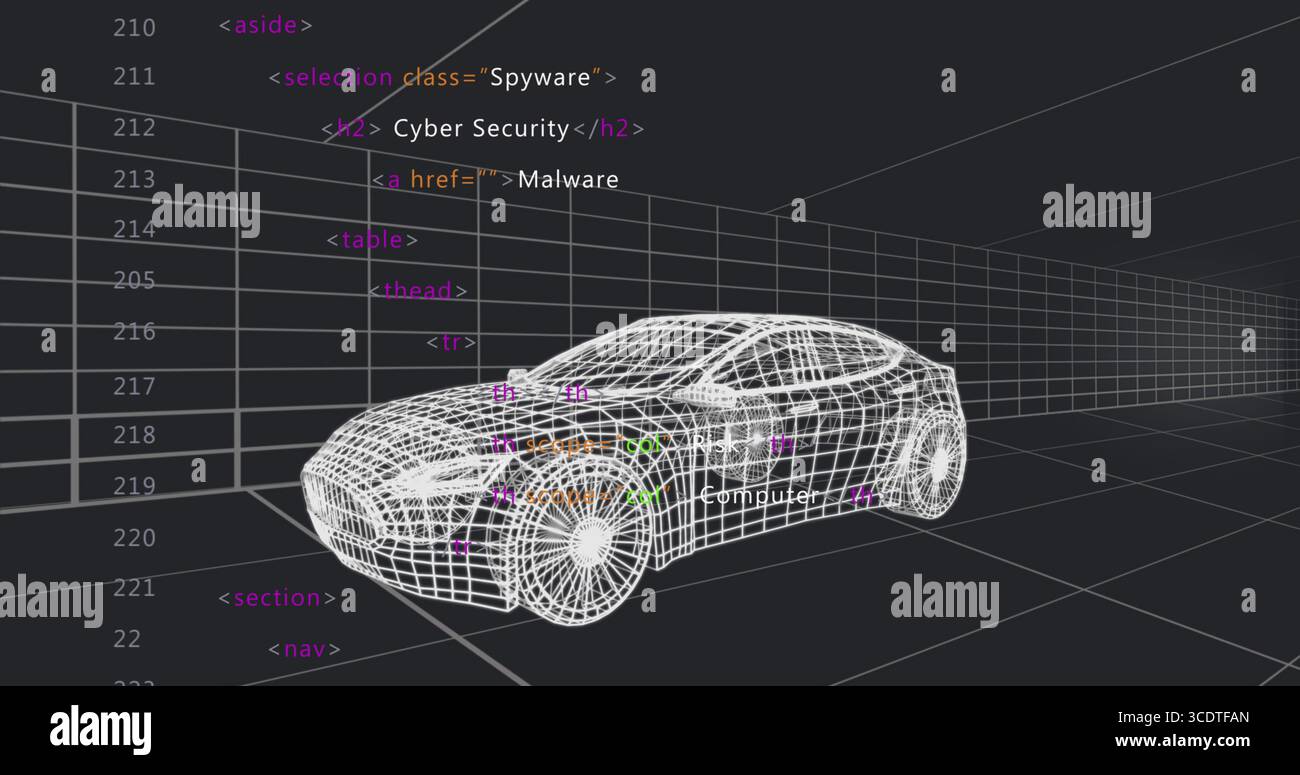Displaying white wireframe car model on 3D grid in studio, showing HTML code and Computer label Stock Photo