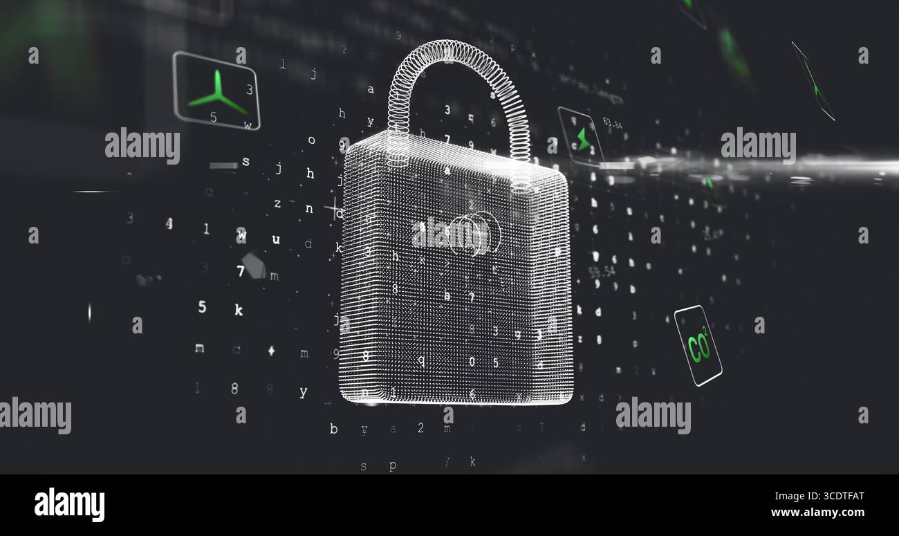 Floating wireframe padlock hovering in cyberspace, with alphanumeric code streams and green icons Stock Photo