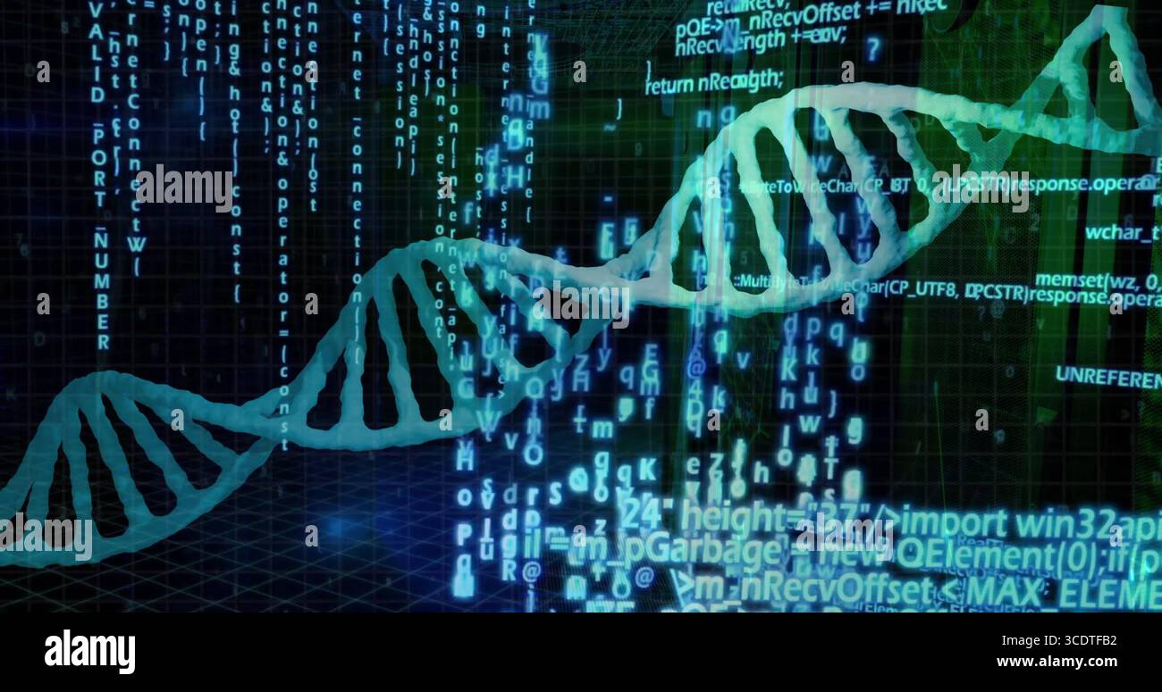 Displaying green-blue DNA helix twisting above dark 3D grid plane, with programming code streams Stock Photo