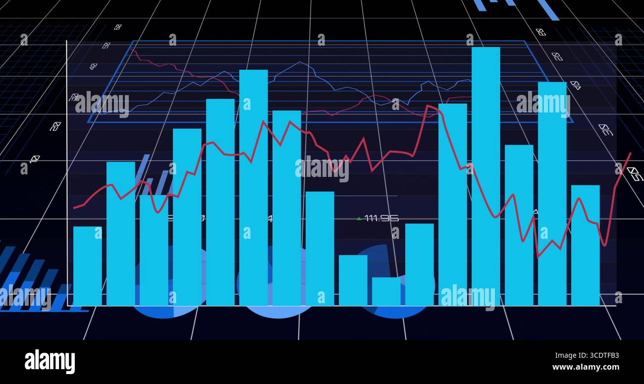 Displaying stylized data visualization on dark 3D grid, with cyan bars and red line overlay Stock Photo