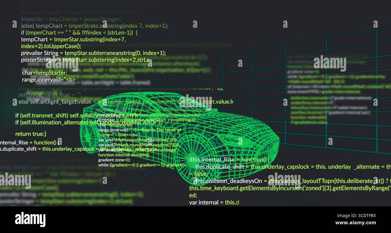 Displaying code editors, source code lines, 3D wireframe car and grid on computer screen Stock Photo