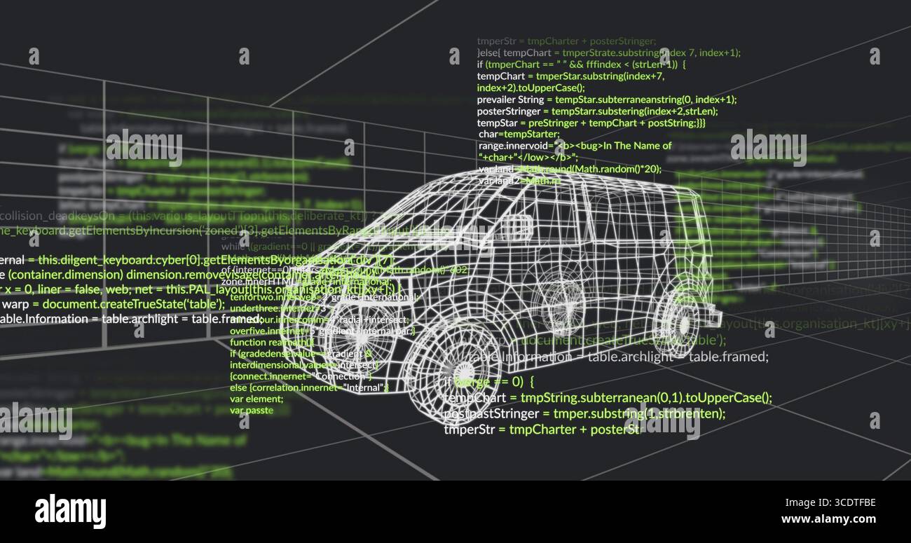 Displaying rotating 3D wireframe van in modeling space, with grid lines and code overlays Stock Photo