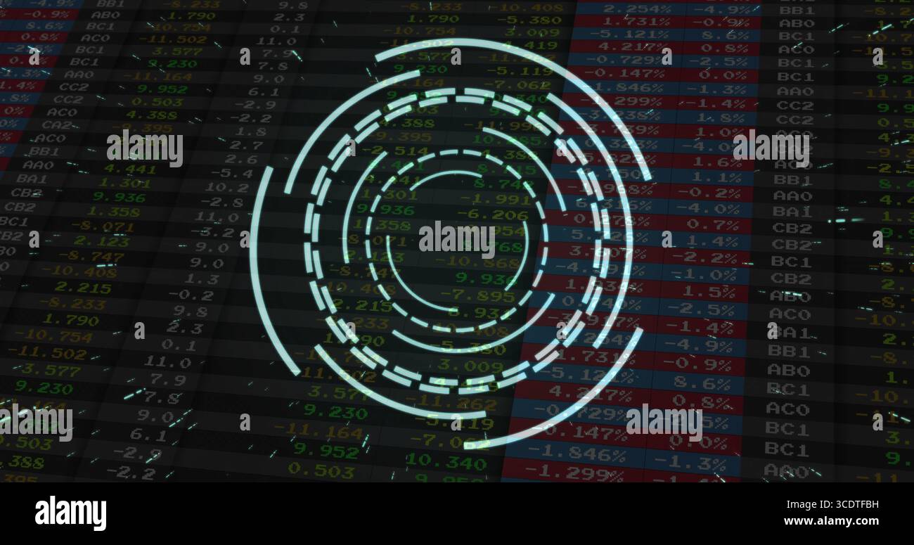Displaying translucent circular HUD overlay on stock data grid, with scrolling alphanumeric tickers Stock Photo