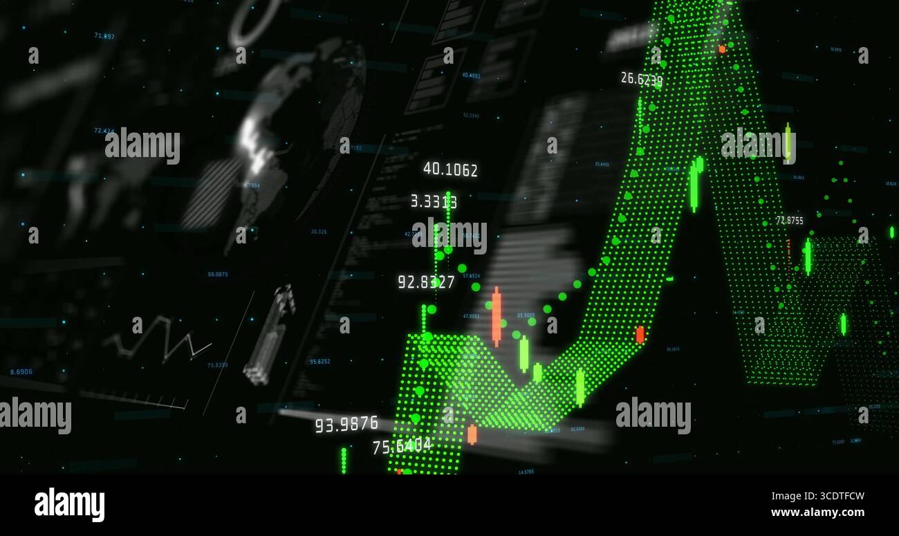 Displaying 3D green dotted line graph with candlestick bars on virtual dashboard, copy space Stock Photo