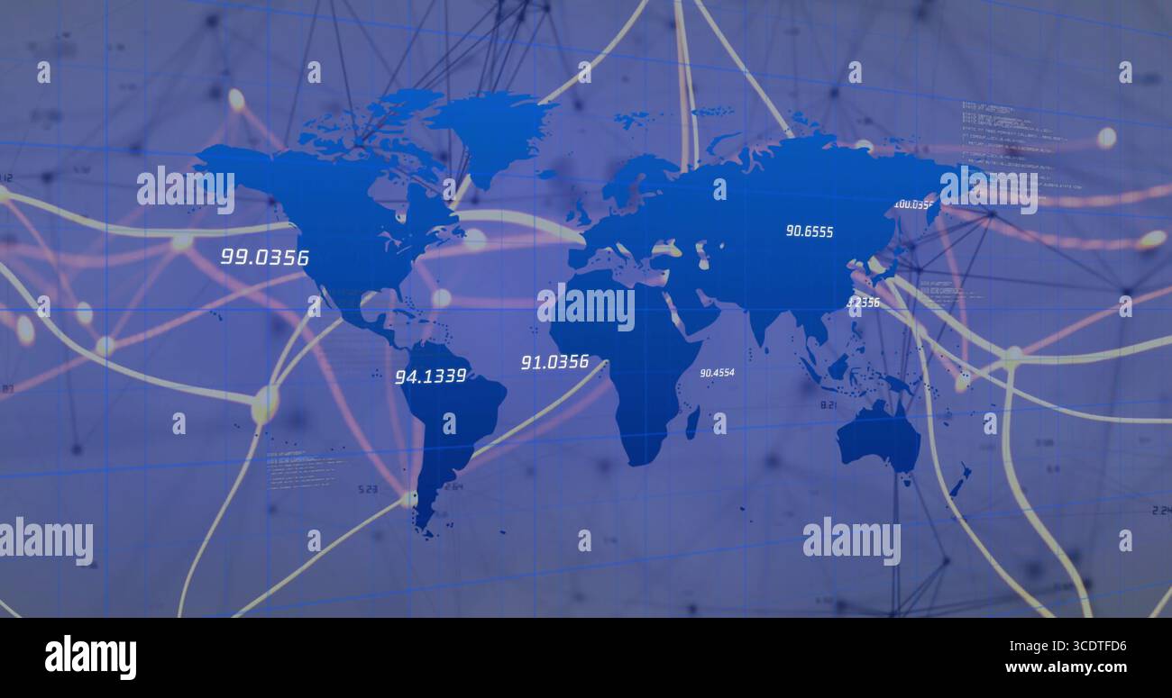 Displaying world map showing colored network lines and glowing nodes on dashboard, with data labels Stock Photo