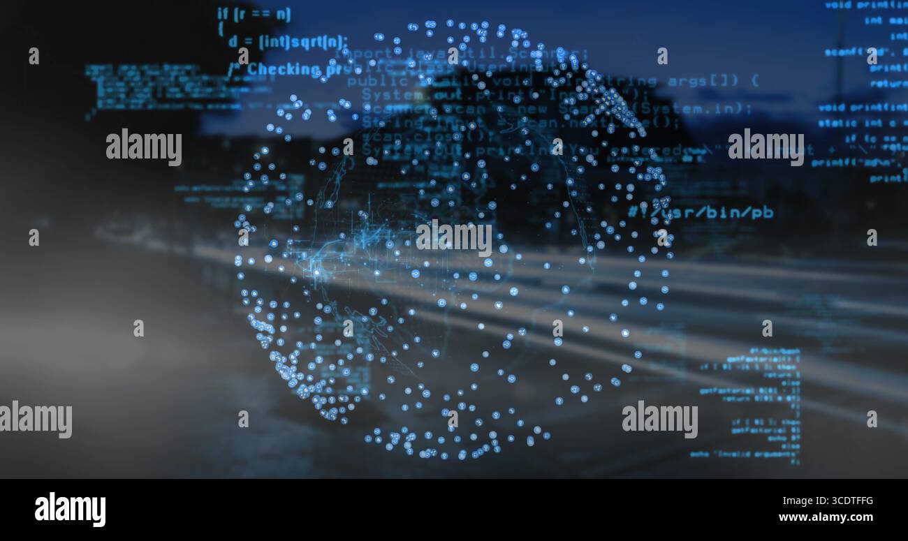 Glowing holographic globe floating in virtual interface, with code fragments and motion trails Stock Photo