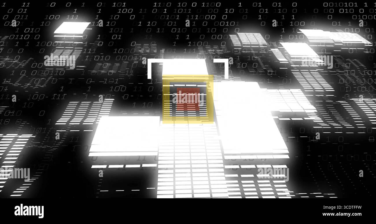 Floating digital platforms forming data network streaming binary digits, with central red-core cube Stock Photo