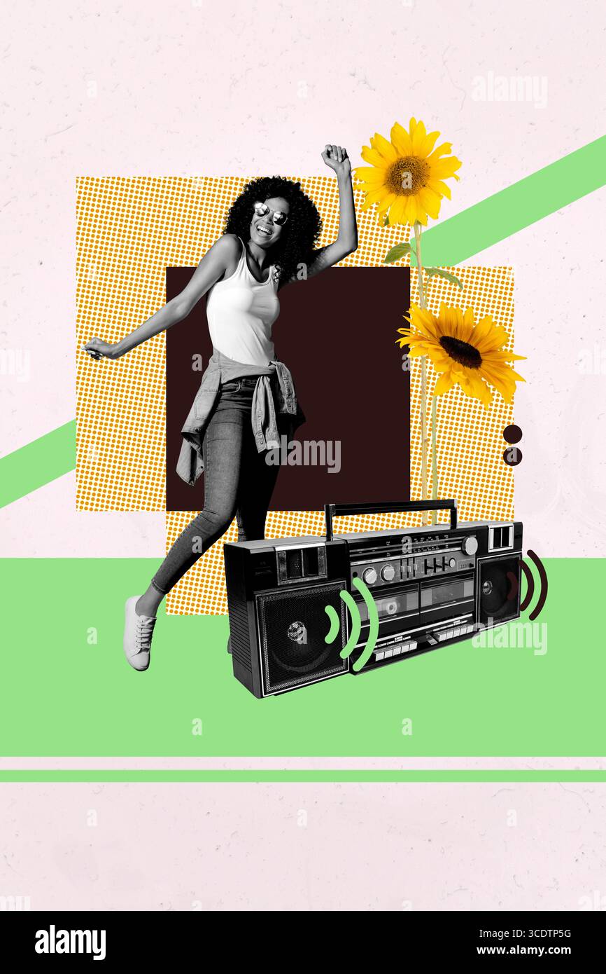Collage of cheerful people dancing near obsolete retro vinyl expressing ...