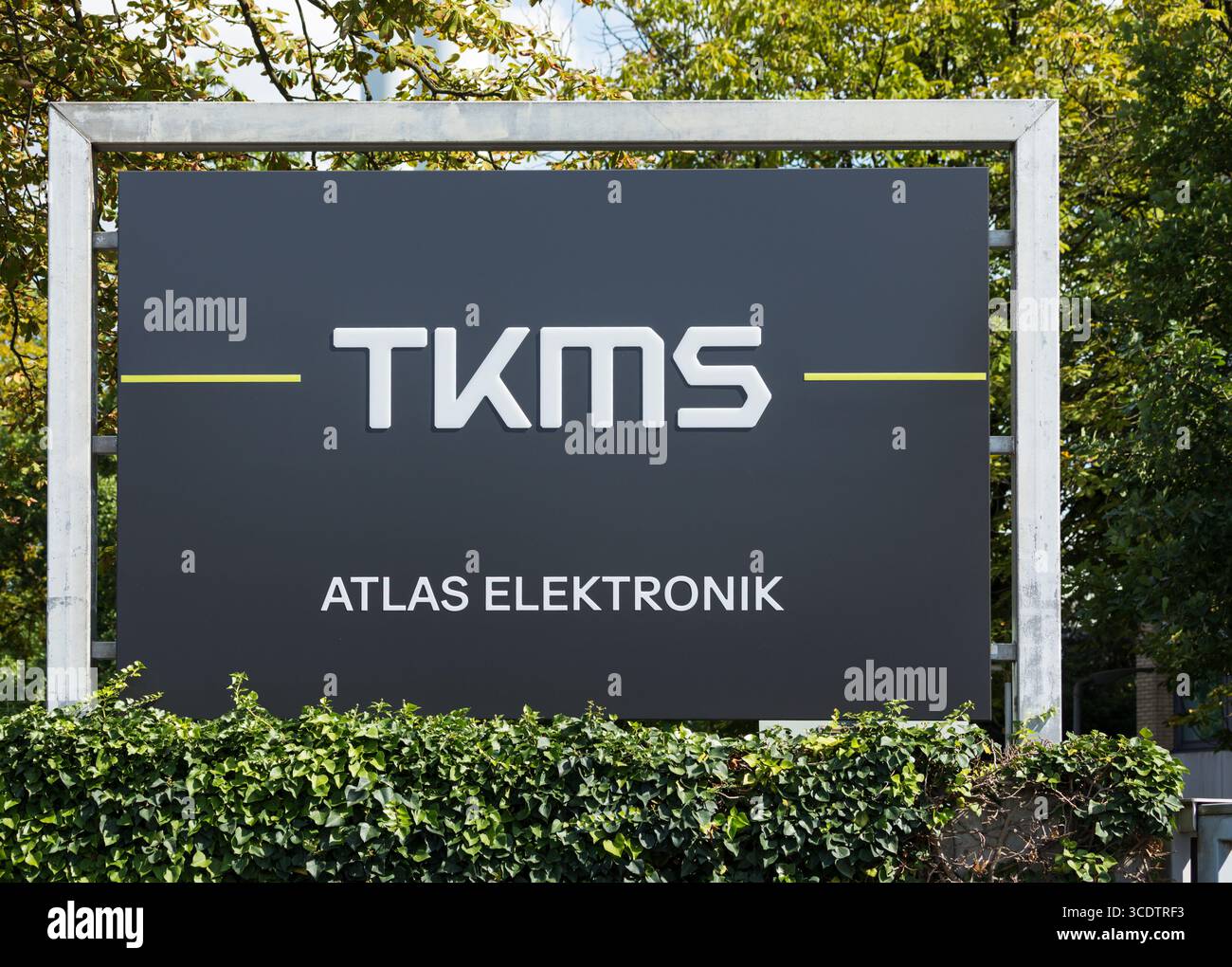 Bremen, Germany – August 10, 2025: Brand logo of THyssenKrupp Marine Services (TKMS) at headquarters of its subsidiary ATLAS ELEKTRONIK Stock Photo