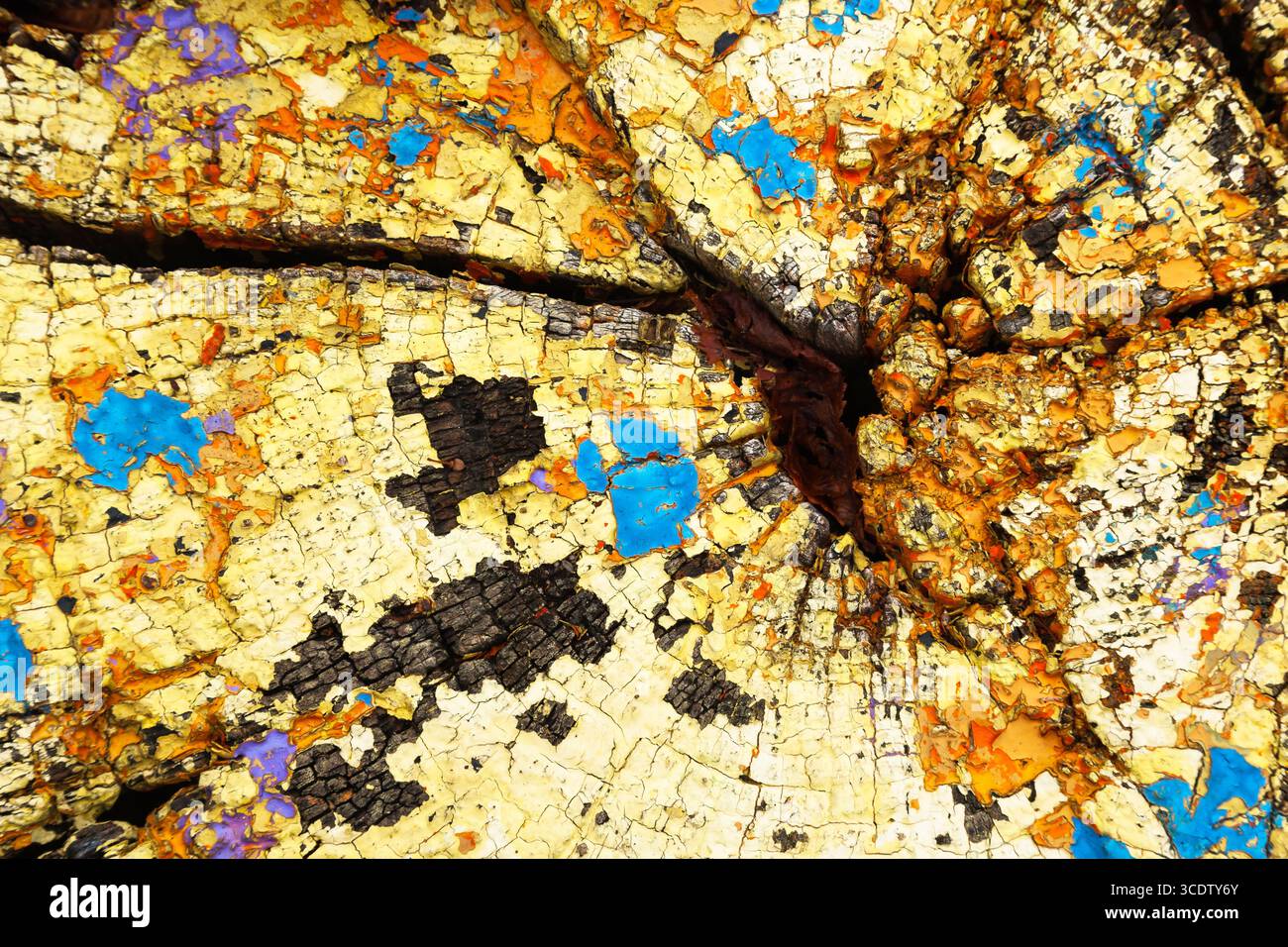 Old, dry, cracked stump, with old paint. Stock Photo