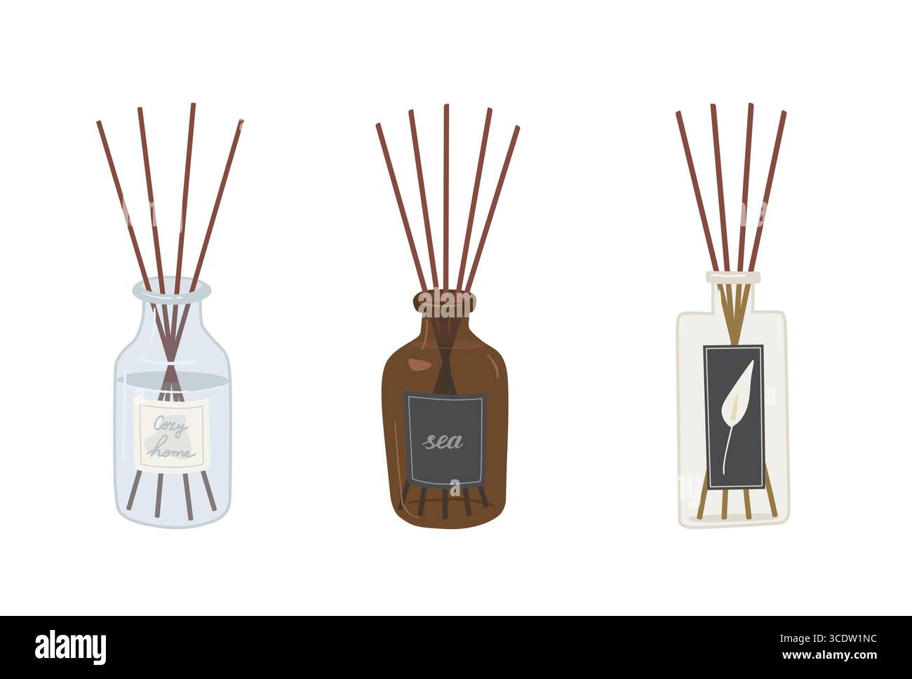 Set of diffuser bottles with aroma sticks isolated on white background. Aromatherapy hand draw vector illustration. Cozy home. Stock Vector