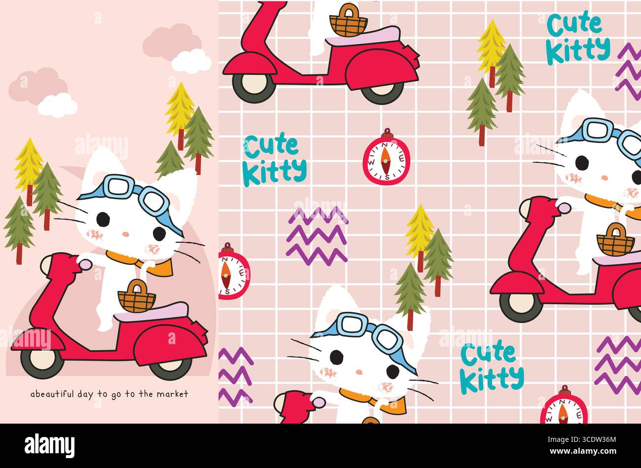 cute kitty on the scooter stationery vector set Stock Vector