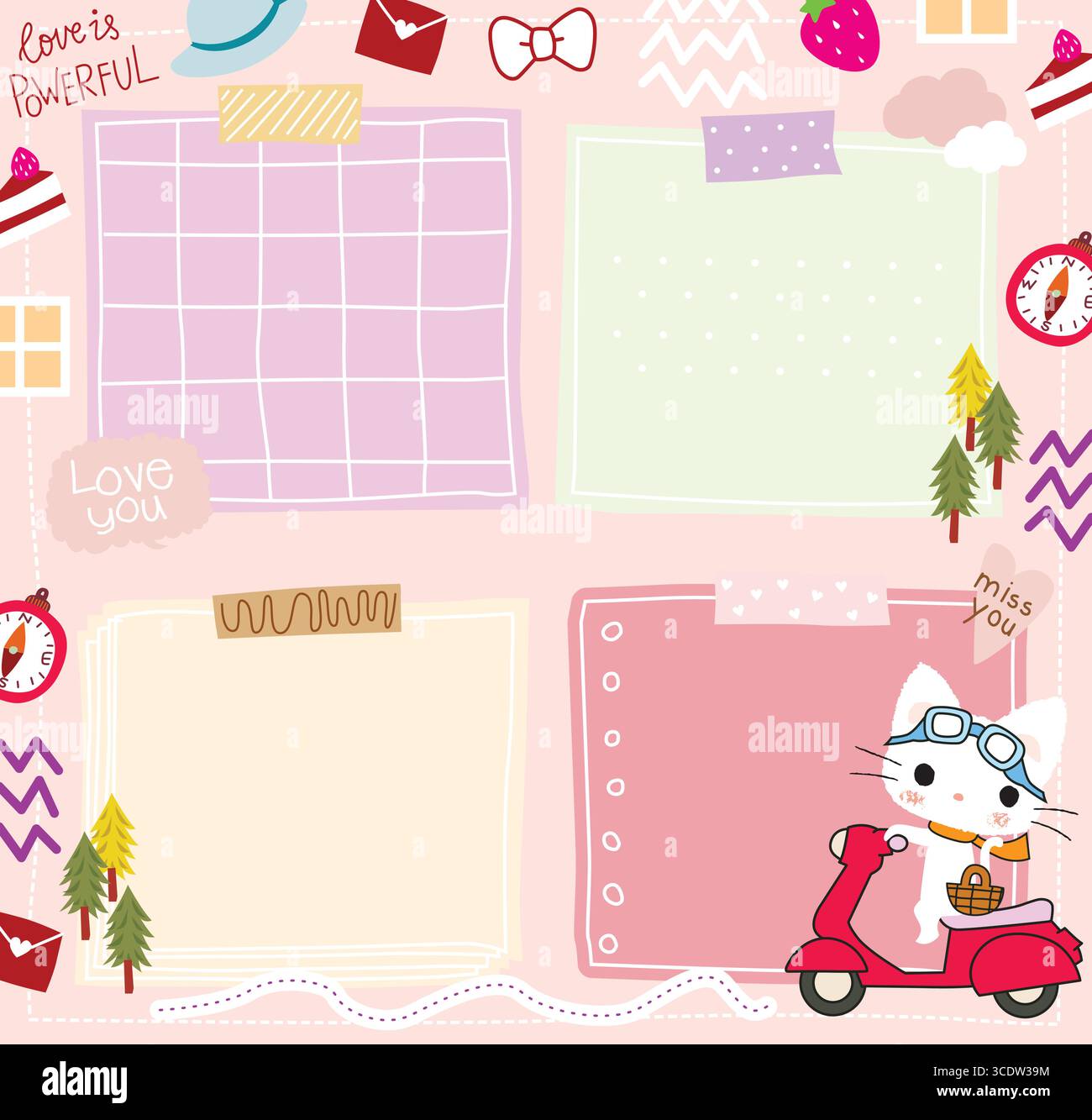 cute kitty on the scooter stationery vector set Stock Vector