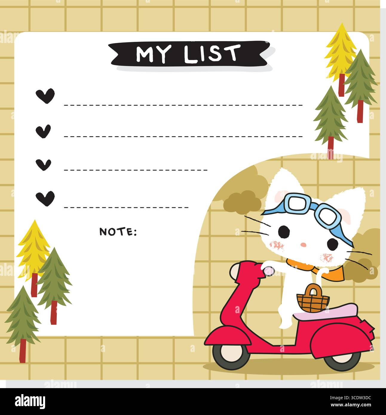 cute kitty on the scooter stationery vector set Stock Vector