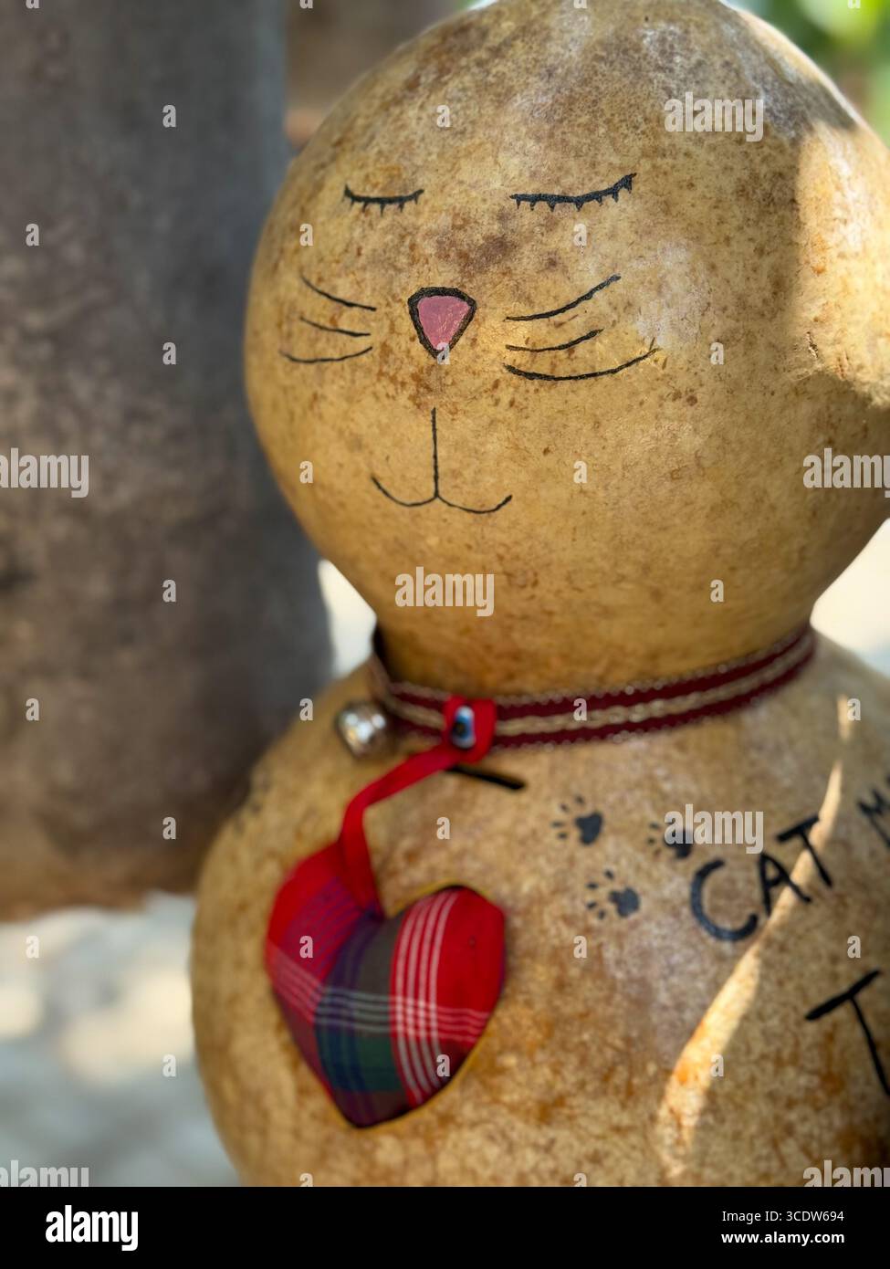 Turkiye, Alanya. Handmade cat figure crafted from a dried gourd (susak). Unique folk art decor combining natural materials and creative upcycling - Smartphone Captured Stock Image