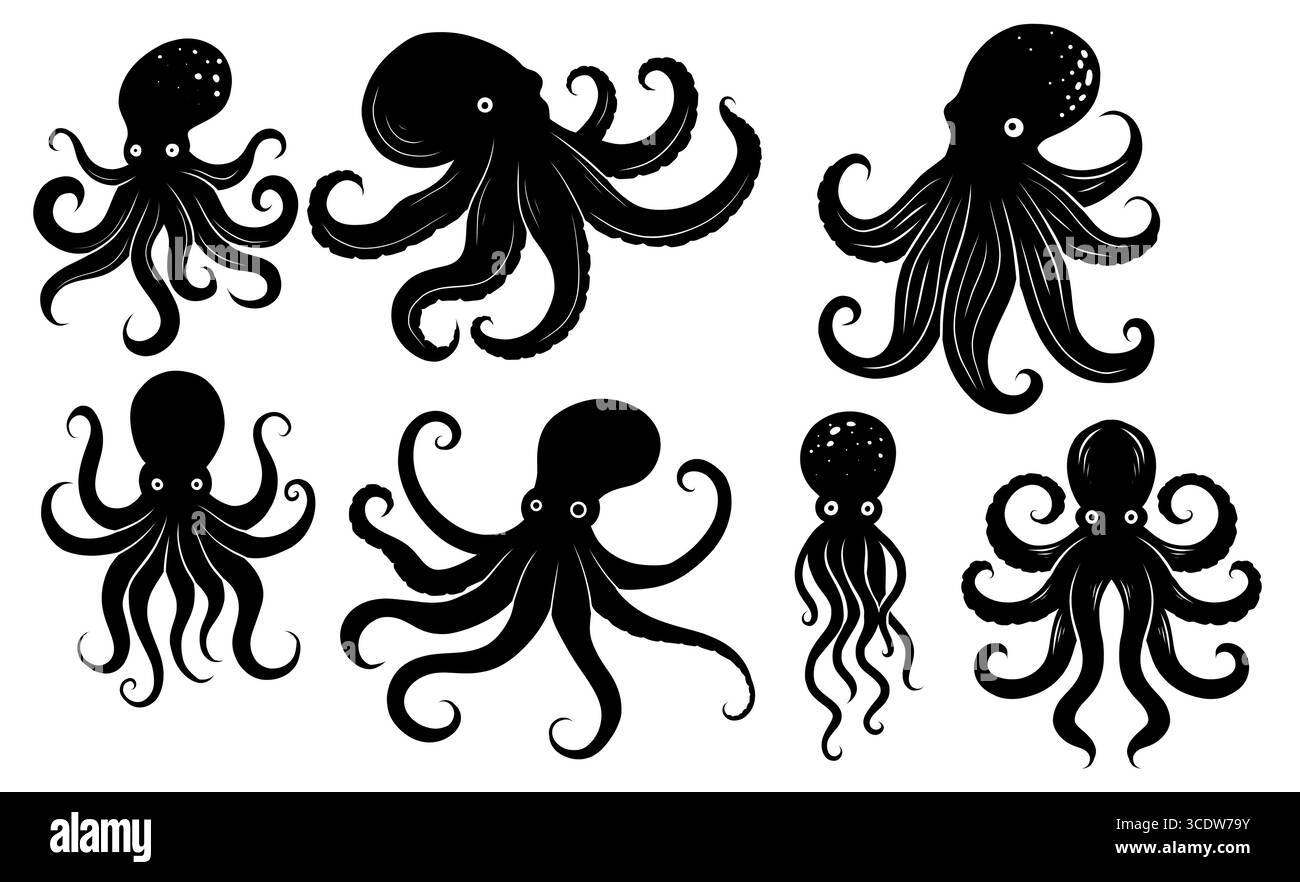 Vector set of black octopus silhouettes isolated from background ...