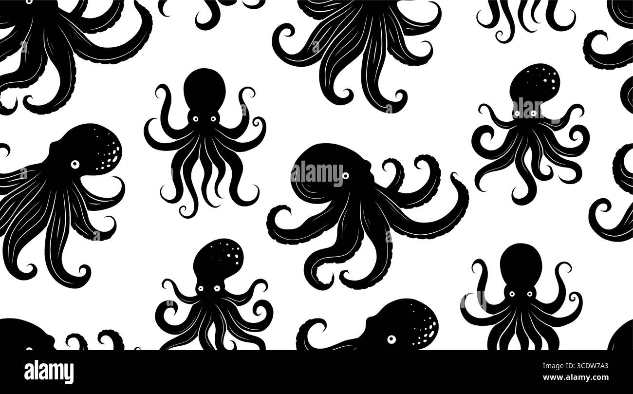 Vector seamless pattern of black octopus silhouettes on a white ...