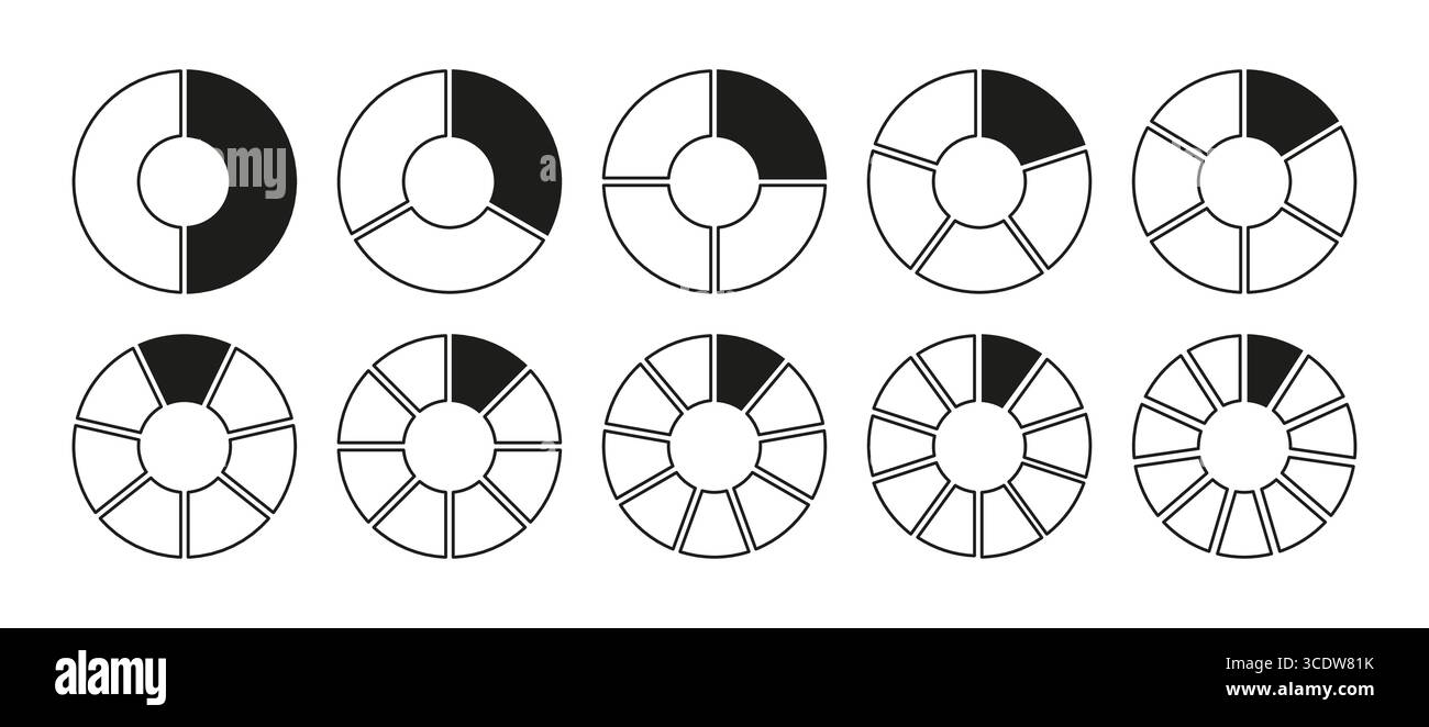 Circles divided diagram 2, 3, 10, 7, 8, 9, 10, 11 equal parts. Graph icon pie, pizza shape section charts. Coaching blank template. Set of segments Stock Vector