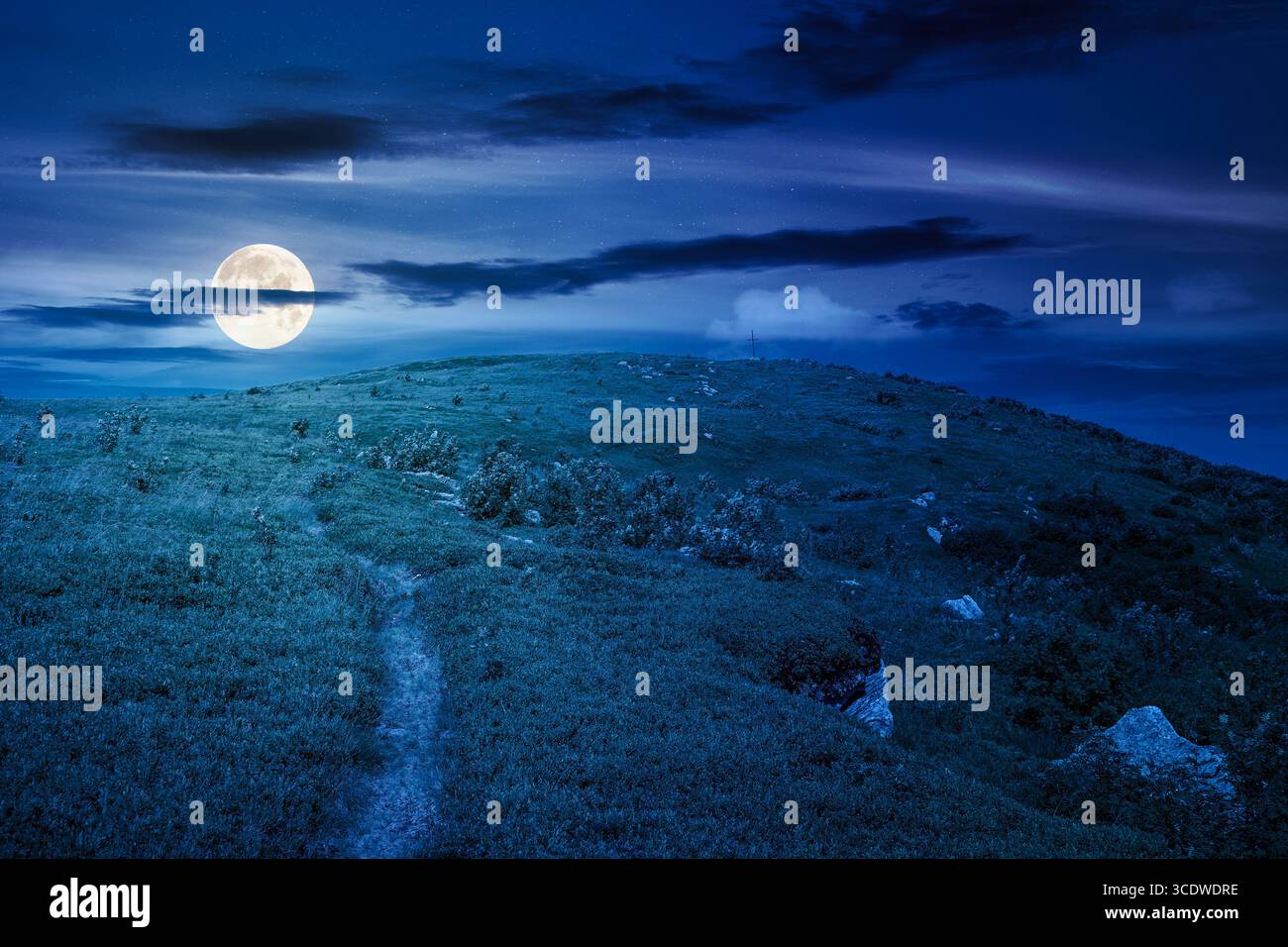 mountain landscape in summer at night. green hill and blue sky. scenic nature background for travel in alpine scenery. peaceful view in full moon ligh Stock Photo