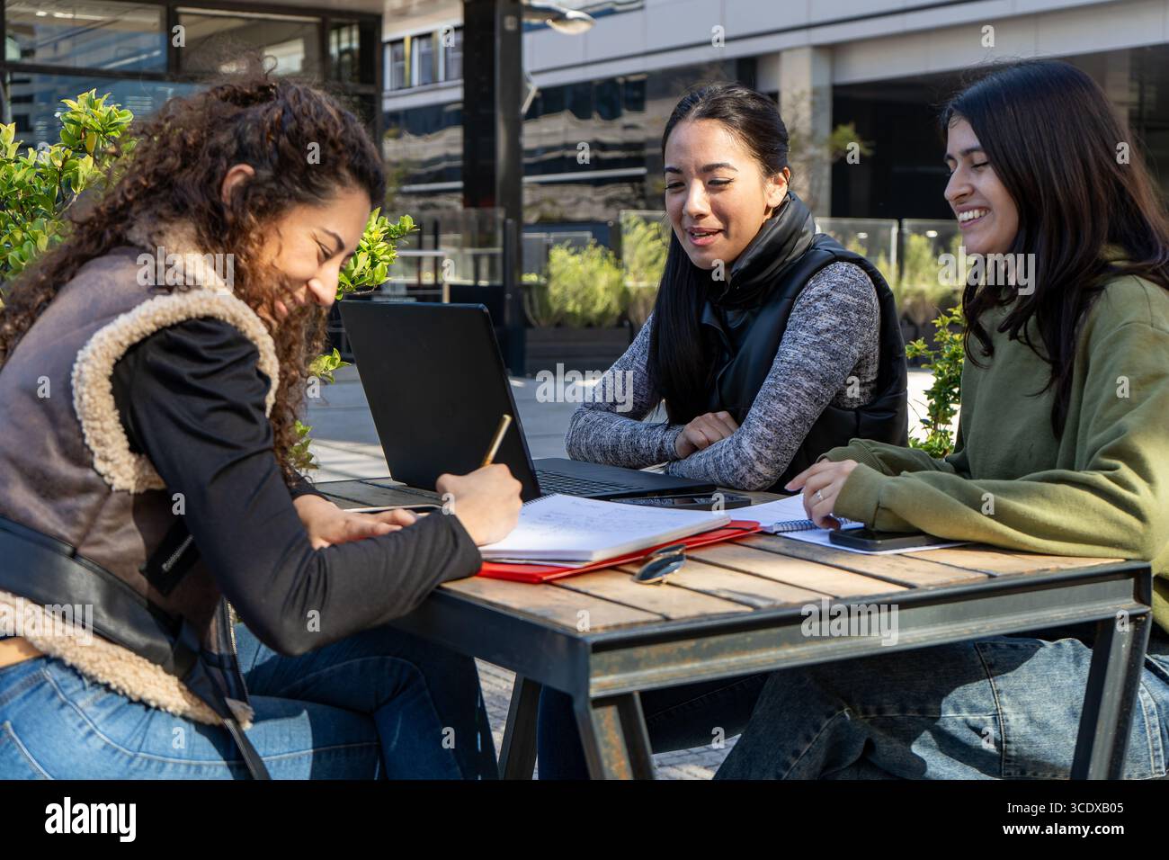 University students collaborating on a project outdoors: utilizing technology and teamwork for academic success Stock Photo