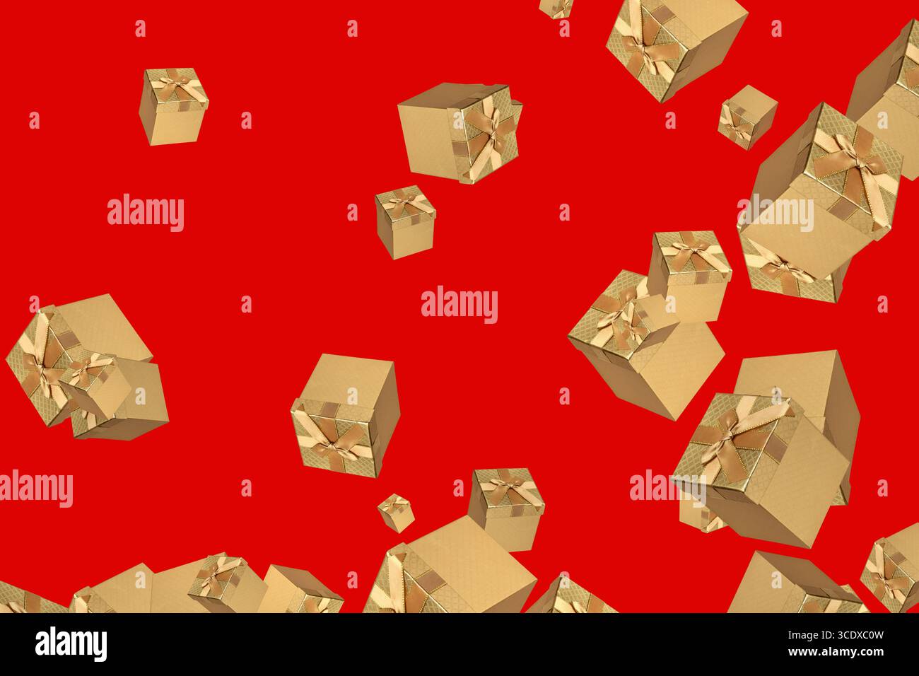 Gold christmas gift boxes presents levitating at random on red background Stock Photo