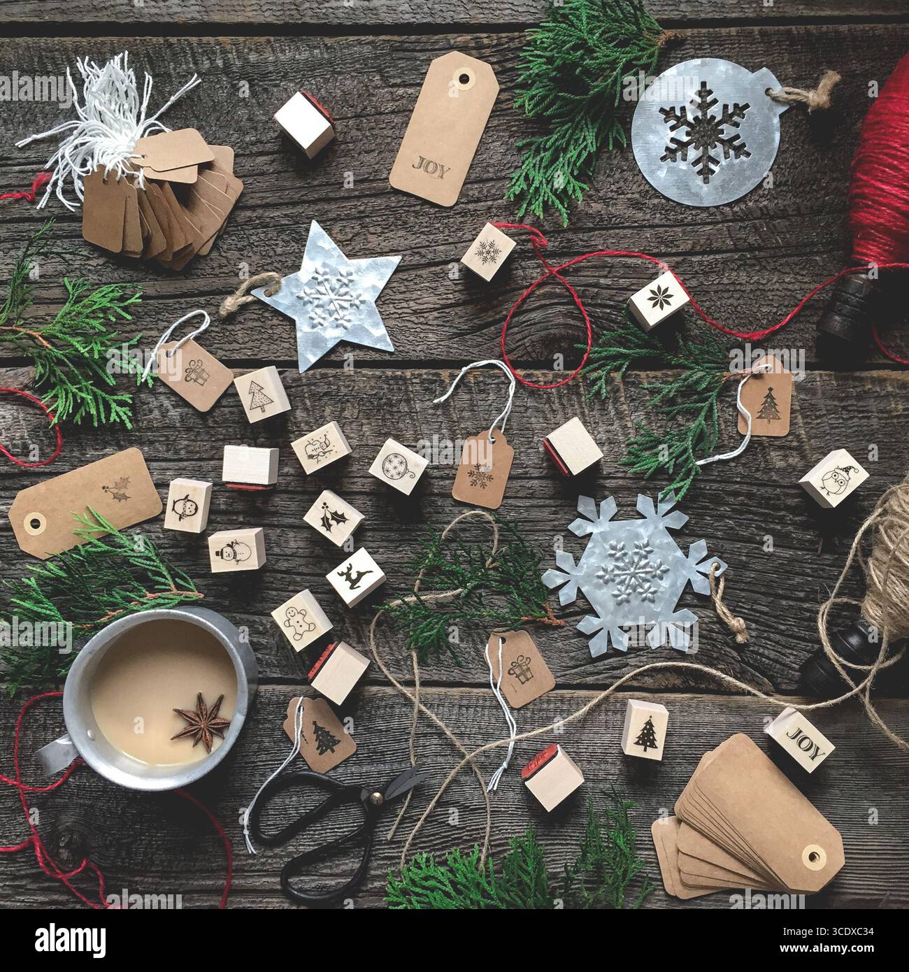 Festive Christmas ornaments and decorations flatlay Stock Photo