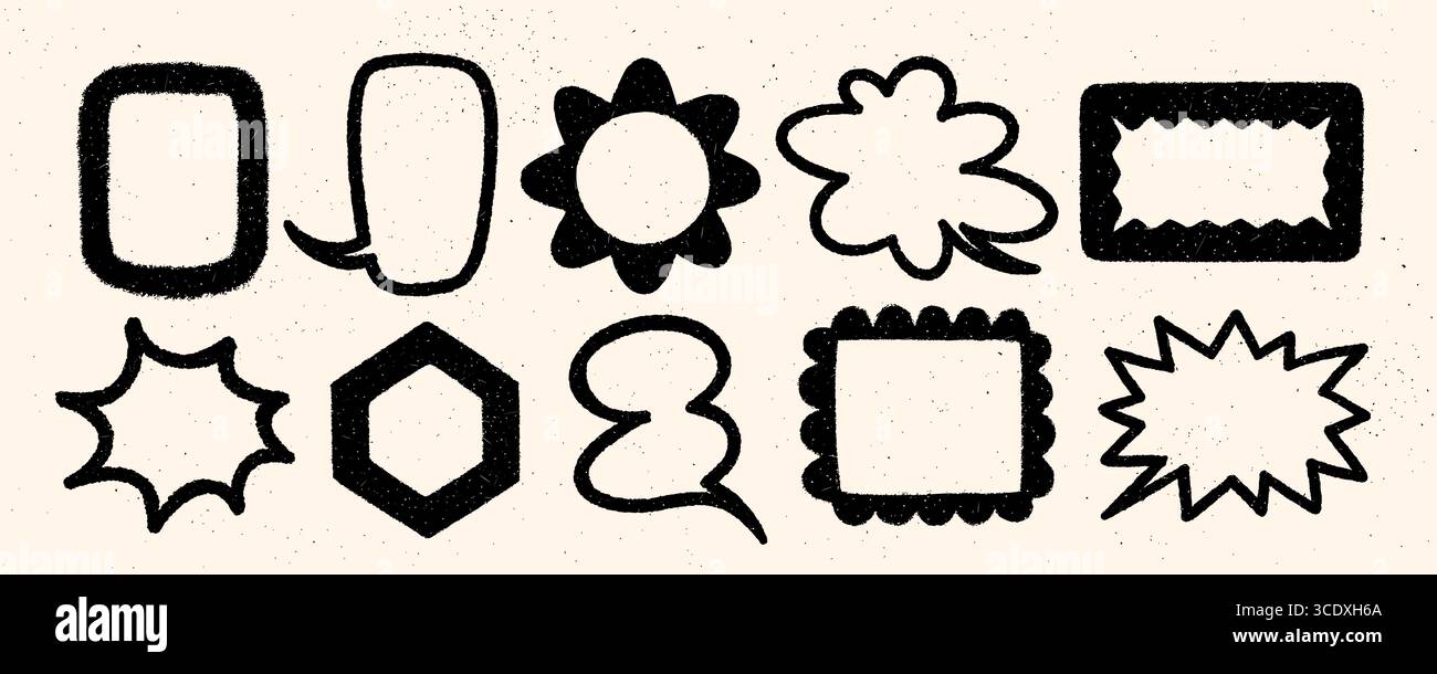 Crayon speech bubble vector set with bold black hand drawn frames, doodle comic shapes, textured balloons, and decorative text boxes on beige Stock Vector