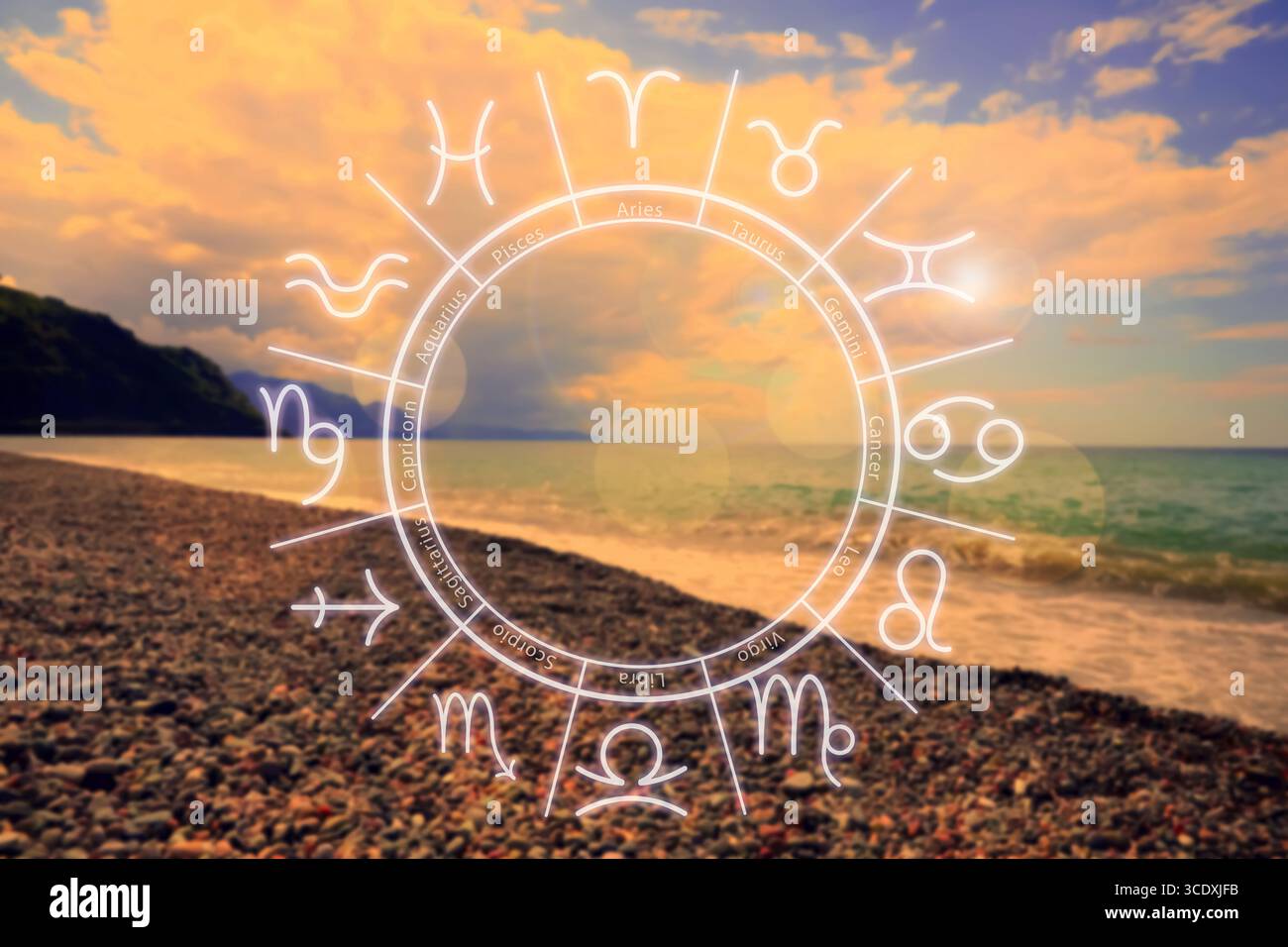 Zodiac wheel with signs against beautiful seascape Stock Photo