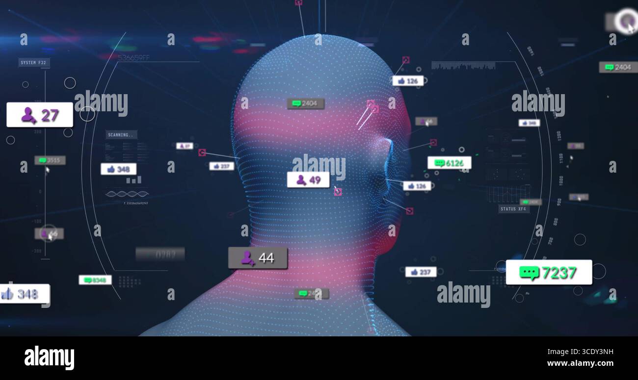 Displaying 3D wireframe head floating on virtual dashboard, with numeric labels and gauges. Futuristic, technology, data, visualization, innovation, i Stock Photo