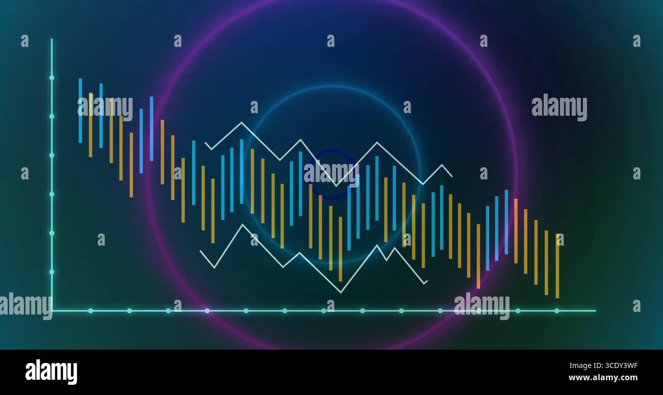 Displaying descending bars and white line graph on dark background ...