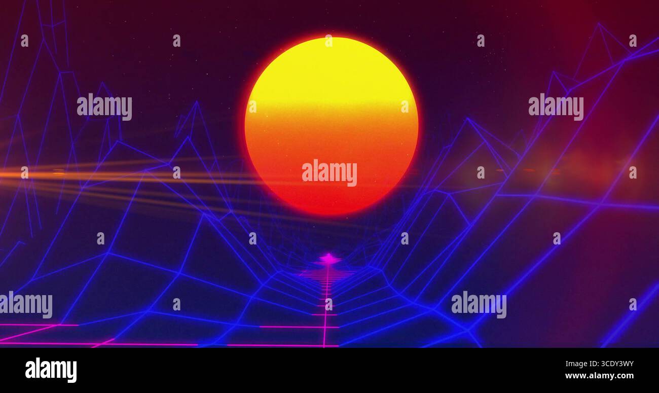 Shining sun radiating neon light over synthwave landscape with grid floor under wireframe mountains. Futuristic, vibrant, geometric, cyberpunk, immers Stock Photo