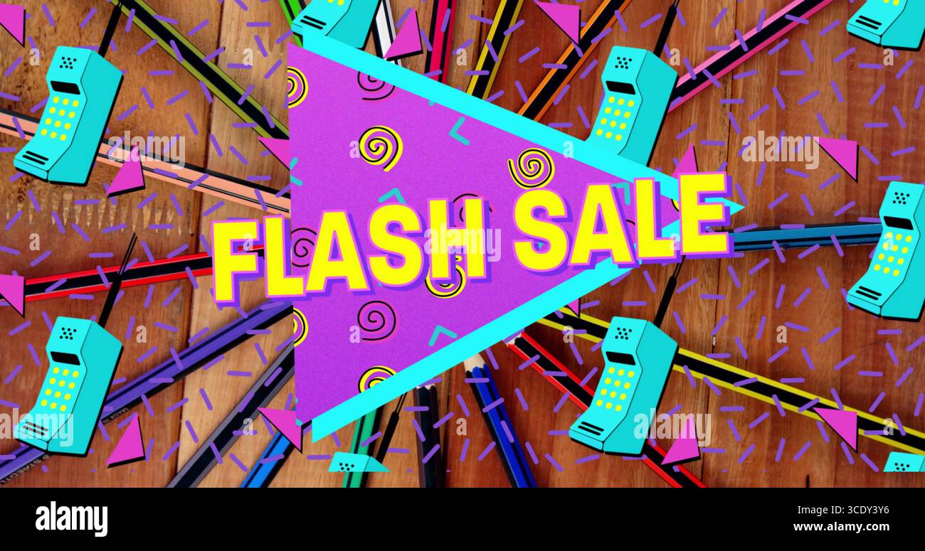 Featuring purple triangle glowing cyan border on tabletop, with teal handsets, cords and confetti. Geometric, vibrant, retro, digital, marketing, colo Stock Photo