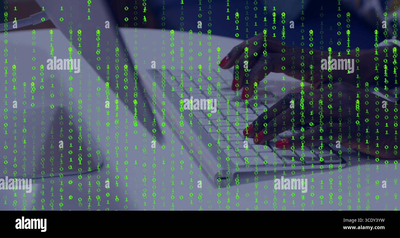 Typing female hands entering code on white keyboard at office workspace, with binary code. Technology, coding, programming, digital, workspace, modern Stock Photo