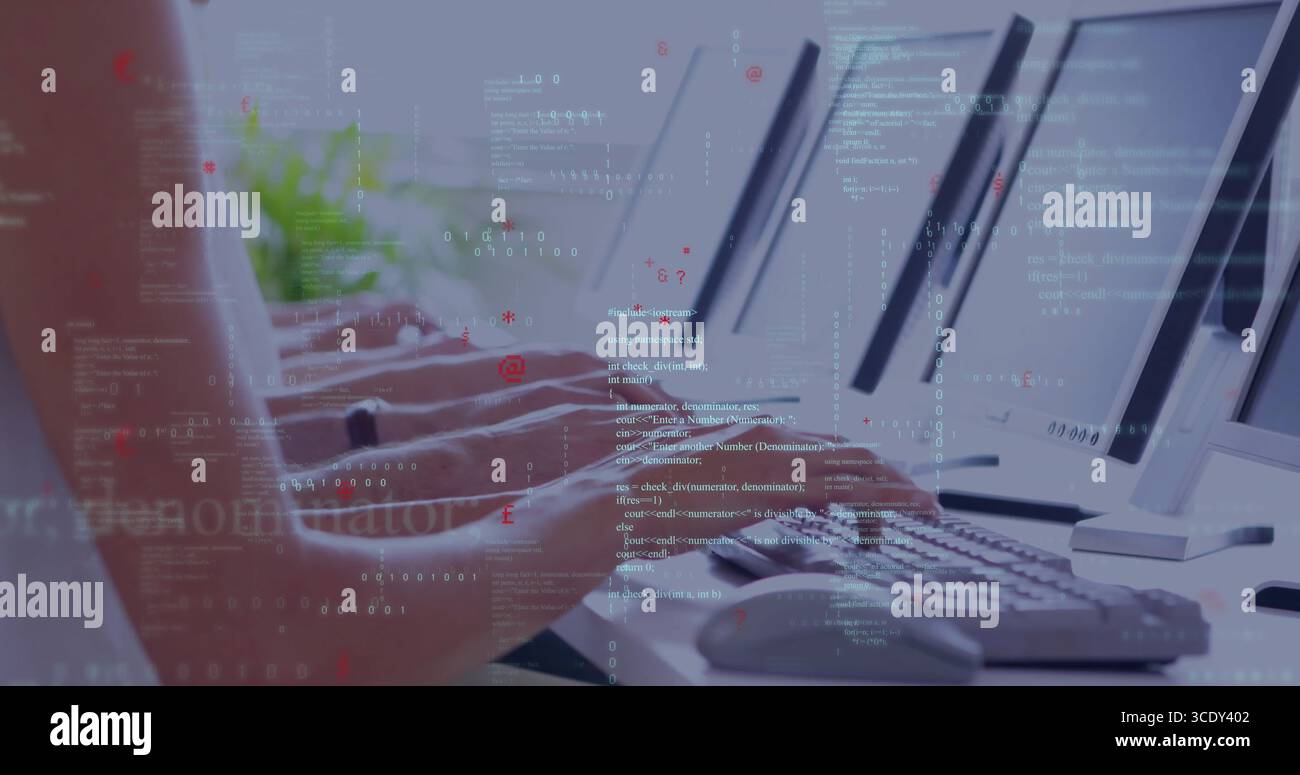 Typing programmer hands pressing keys on keyboards at office row, with monitors, code and plant. Technology, software, coding, collaboration, modern, Stock Photo