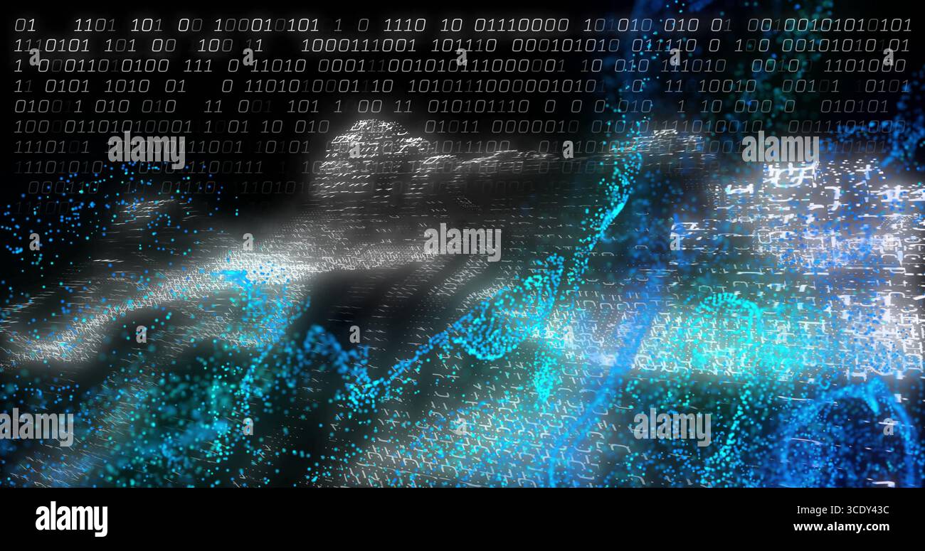 Streaming waveform forming binary digits and data particles across digital grid, with code streams. Futuristic, cyber, technological, abstract, digita Stock Photo