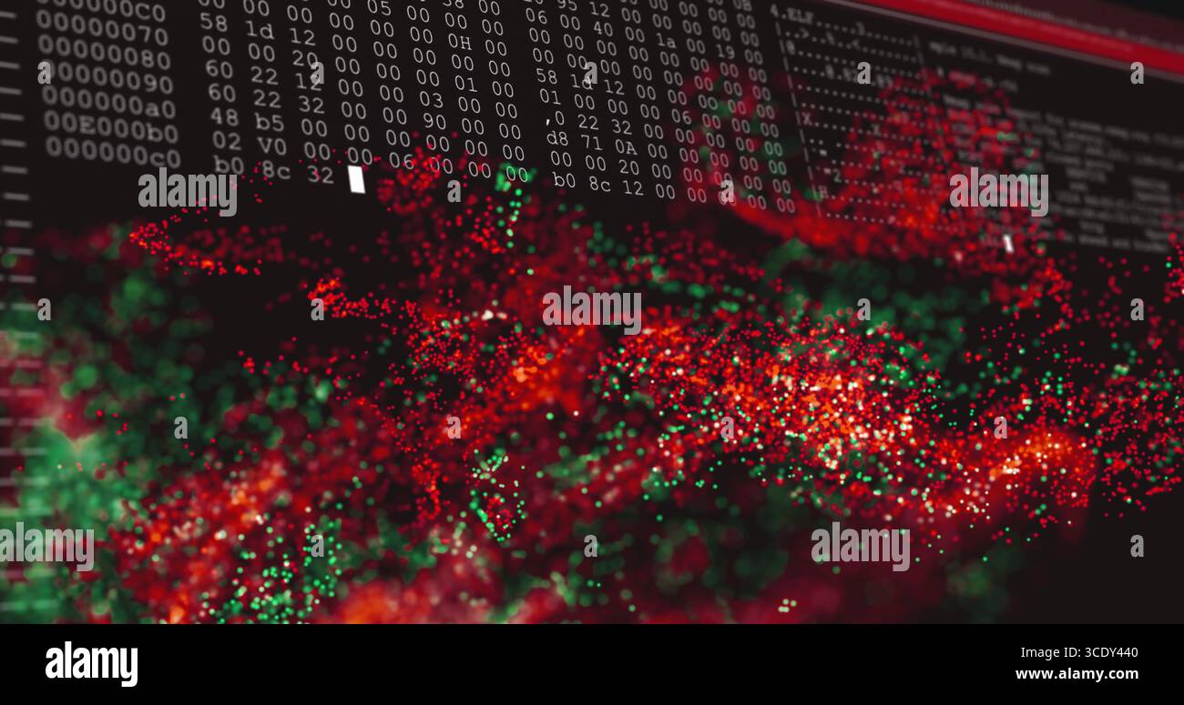 Displaying red and green particle wave formation on digital screen, with hex and binary code lines. Technology, data analysis, cybersecurity, visualiz Stock Photo