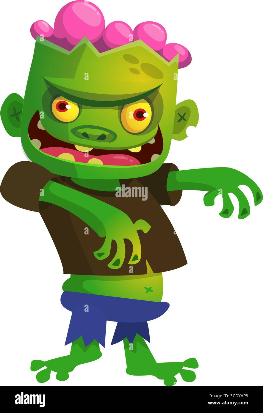 Cartoon funny green zombie. Halloween vector illustration of zombie creature. Stock Vector