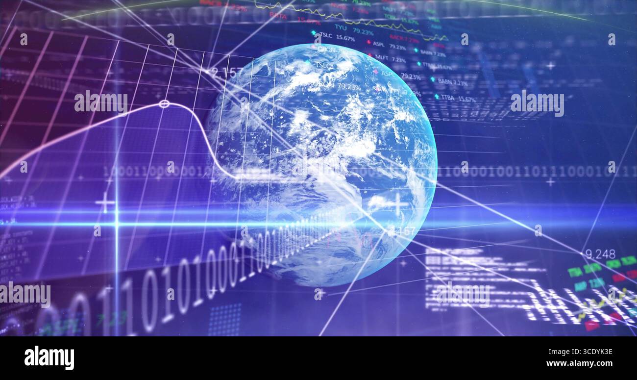 Rotating stylized Earth globe hovering at digital interface, with binary code, line graph overlays. Futuristic, digital, global, technology, analytics Stock Photo